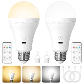 Bailoch Wireless Rechargeable Light Bulbs with Remote, 2Pack LED Cordless Battery Operated Light Bulbs for Lamps, E26 Battery Powered Magic Light Bulb with 300LM, 3 Color, Dimmable for Non-Hardwired