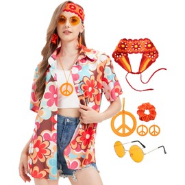 KitChocoLot Women's Hippie Costume, Hawaii Outfit, Flower Power Clothing, Vintage Shirt with Accessories, 70s Outfit for Carnival