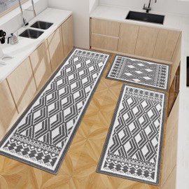 DINSUMRUG Kitchen Rugs Set of 3, Japanese Wave Kitchen Mats for Floor Nylon TPR Non-Slip Washable Sink & Standing Mats Absorbent Resist Dirt Kitchen Runner Rug Grey(20"x59"+20"x47"+20"x32")