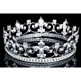 Deluxe Eched Men's Fleur De Lis 2.25" Full King Crown - Clear Crystals Silver Plating T1031