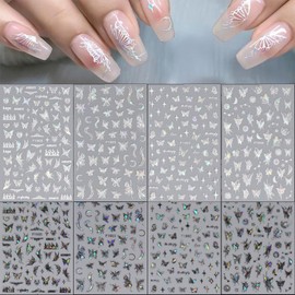 Tyuimhx 8 Sheets Aurora Butterfly Nail Art Stickers Decals 3D Self-Adhesive Nail Supplies Holographic Glitter White & Black Butterflies Nail Decals for Women Girls DIY Laser Manicure Decorations