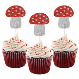 HOKPA Mushroom Cupcake Toppers, 24Pcs Cute Mushroom Cupcake Picks for Baby Shower Wedding Forest Plant Mushroom Theme Party Decoration