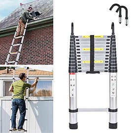 Portable Aluminum Alloy Telescopic Ladder with Hooks, 15 Steps Telescoping Straight Ladder 6.2 Meters/ 20.3 Feet Folding Ladder for Loft Accessing, Window Cleaning, Building Maintenance Tasks
