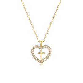 GexTyde Gold Cross Necklace for Women 14K Gold Plated Heart Cubic Zirconia Cross Faith Pendant Necklaces Simple Trendy Cute Jewelry Gifts