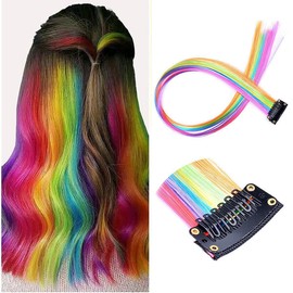 Clip-in Synthetic Hairpieces,Seamless and natural colorful hair extension pieces, suitable for long-haired girls and ladies for daily use and parties. (Pack of 2, in rainbow color)