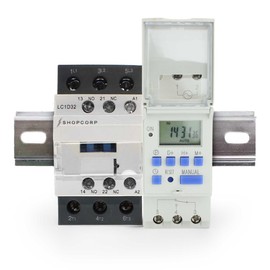 Shopcorp 3 Pole Contactor 30 amp Normally Open, Auxiliary 1NO/1NC 110/120V Coil, Motor Load 32A, Lighting 40A, 50A - AC Contactor Bundle with Programmable Timer Relay and DIN Rail 35 x 150 mm