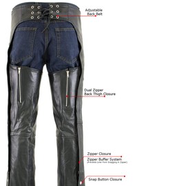 Milwaukee Leather LKM5722 Men's Black Premium Leather Dual Comfort Motorcycle Biker Rider Chaps - 42