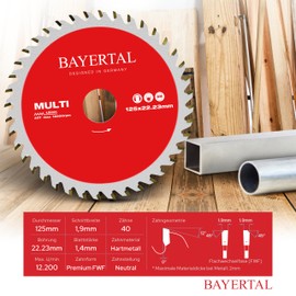 Bayertal® Saw Blade 125 mm - Multi Material Circular Saw Blade for Wood, Aluminium & Plastics - 40 Teeth, Diameter 125 x 22.23 mm - for Precise Cuts with Hand-Held Circular Saws - Ideal for Versatile