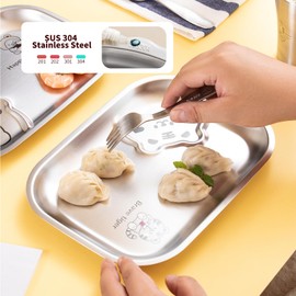 HoJeh 18/8 Stainless Steel Cartoon Divided Plate Set, 2 Section, 3-Piece SUS304, Dishwasher Safe, Unbreakable, Great for Home/Restaurant/Lunch, Cartoon Accents, Balanced Nutrition