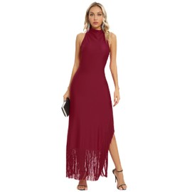Aigeman Women Vintage Flapper Dresses 1920s Great Gatsby Halter Fringed Maxi Dress Tassels High Split Formal Dress 19(Small,Wine Red)