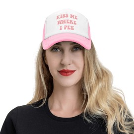 Funny Trucker Hat Kiss Me Where I Pee for Women and Men Baseball Cap Breathable Mesh Pink