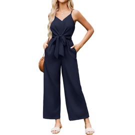 JASAMBAC Womens Summer Jumpsuits Dressy 2024 One Piece Vacation Outfit V Neck Sleeveless High Waist Casual Blue Romper with Pockets