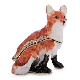 Hand Painted Trinket Box for Home Decor Accents, Enamel Hinged Jewelry Box for Bookshelf Office Table Desk Decoration, Classical Figurine Collectible Keepsake Animal Sculptures (Sitting Fox)