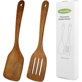 Wooden Spatula for Cooking 12 Inches Wood Spatula Slotted Turner Cooking Utensils for Nonstick Cookware, Kitchen Spatulas for Fish, Eggs, Pancakes, 2 Pack
