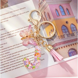 QUKE Fashion Alphabet Initial Letter Keychain Pink Tassel Butterfly Pendant Key Ring for Purse Schoolbags Women Girl - J