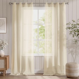 TOPICK Beige Linen Look Net Curtains with Eyelets Extra Long Curtains for Kitchen Living Room Bedroom Window Curtains Transparent Voile Country House Style Modern Set of 2 280 H x 140 W (cm)