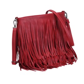 kukubird Crossbody Bags Tassel Fringe Zipper Closure Faux Leather Medium Shoulder Bag,Multiple Compartments Messenger Bag-Red