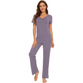 WiWi Womens Viscose from Bamboo Pajamas Set Short Sleeve Top with Pants Pjs Soft V Neck Sleepwear Lightweight S-3X, Violet, Large