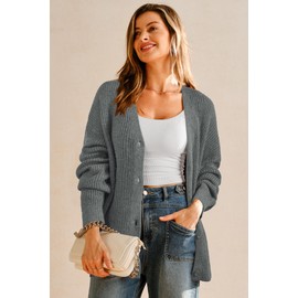 Arach&Cloz Women's Cardigan Sweaters 2025 Fall Mohair Wool Blend Lightweight Button Down Oversize Long Sleeve Fashion Chunky Ribbed Knit Coats Trendy Business Casual Outfits Dark Gray M