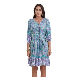 HECCPLI Women's Bohemian Dress V Neck Front Tie 3/4 Long Sleeve Floral A Line Beach Boho Tunic Dress Green Purple
