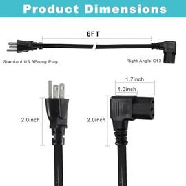 Cable de alimentación para monitor de computadora de 90 grados de 6 pies, NEMA 5-15P a cable de alimentación C13 de ángulo recto, 13A 125V, 16AWG, cable de alimentación en ángulo negro para