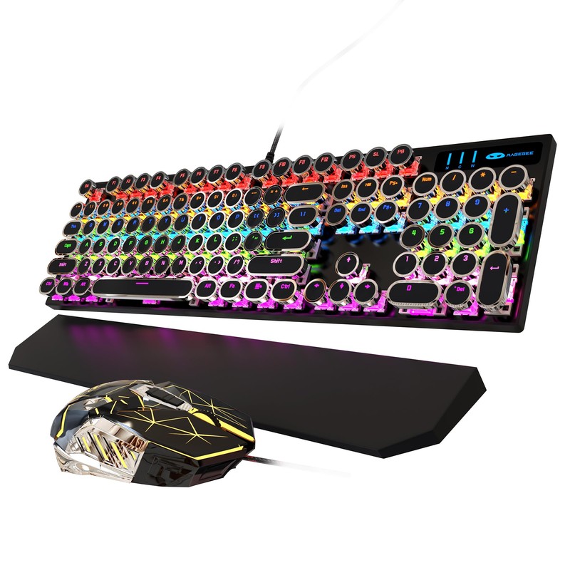 Typewriter Mechanical Gaming Keyboard and Mouse Combo, Retro Punk Round