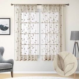HOMEIDEAS Taupe Sheer Curtains 52 X 63 Inches Length 2 Panels Beige Embroidered Leaf Pattern Pocket Faux Linen Floral Semi Sheer Voile Window Curtains/Drapes for Bedroom Living Room