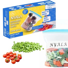 NAYALA 50 Pcs Large Zip Lock Bags, Half Gallon Food Storage Freezer Bags (2.27L), Reusable Food Bags Zip Seal Sandwich Bags, BPA Free Ziplock Bags Food for Fruits, Vegetables, Meat, Grains, Candies