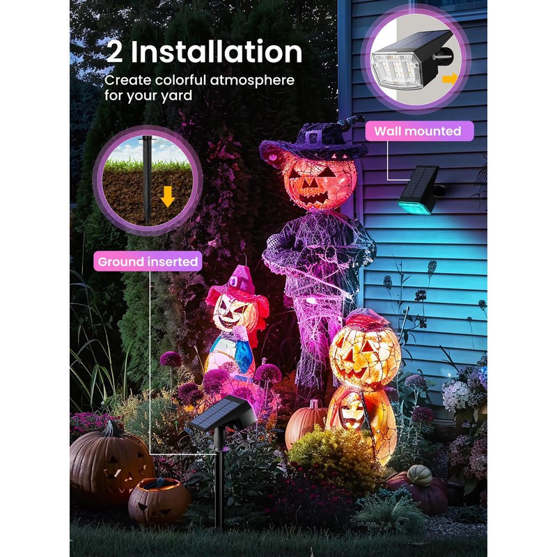 AUDERWIN Solar Spot Lights Outdoor, 9 Lighting Modes RGB, Solar