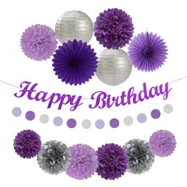 Purple Silver Birthday Party-Decorations Paper-Flowers - 14pcs Happy Banner Lavender Lanterns Tissue Pom Poms,Lilac Streamers Garland Fans,Women Girls Adult Kids Office Hanging Supplies Decor Hugfond