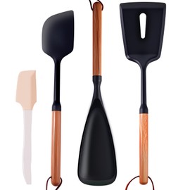 4-Piece Silicone Cooking Utensils Set, Cooking Spoon + Slotted Spatula Turner + Kitchen Spatula Set for for Cooking Mixing Baking, BPA-free Matte Black Silicorn, Safe for Nonstick Cooking Cookwares