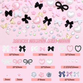 BELICEY 3D Nail Charms Set 3 Color Assorted Bow Flower Butterfly Charms for Nails Acrylic Flatback Pearls Starry AB Crystals Rhinestones for DIY Nail Art Supplies Accessories with Tweezer & Picker Pen