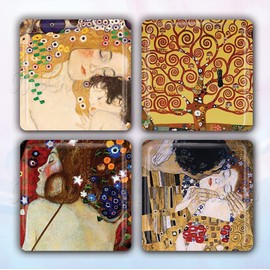 Gustav Klimt Vintage Art Collection Designs Handmade Square Glass Tile Magnets 30mm (1.18") - Set of 4