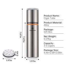 CLZOONG Travel Cigar Humidor Case/Box Stainless Steel Portable, Cigar Tube Cigars Jar Humidifiers Air Tight Lid, Smell Proof with Cigar Hygrometer and Humidifier for 3 to 4 Cigars (Silver)