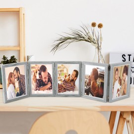 5 Folding 5" x 7" Hinged Picture Frame, Natural Wood Made, Foldable Photo Frame with High Definition Acrylic, Rustic Desk Family Picture Collage for Thanksgiving Christmas Valentine's Day (Gray blue)