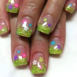 Green French Tip Press on Nails Short Square Fake Nails Spring Nails Press ons Nude False Nails with Flower Glitter Designs Glossy Glue on Nails Cute Acrylic Nails Stick on Nails for Women 24Pcs