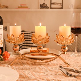 DOUNX Crystal Candle Holders 3 Arms Lotus Candelabras Gold Arch Candlestick Table Centerpieces for Wedding,Dinning Room,Cabinet Ornaments,Home Decoration