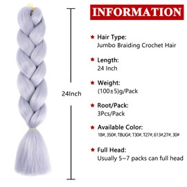 Xtrend 3 Packs 24 Inch Grey Jumbo Braiding Hair for Twist Box Bradis Hair Kanekalon Braiding Hair High Temperature Synthetic Hair for Women (3 Packs, Grey#)