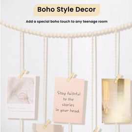 Poefditev Macrame Hanging Photo Display Boho Wall Decor with String Lights Wooden Beads Garland Picture Frame Collage Holder with 30 Clips for Room, Bedroom, Dorm, Christmas Teenage Teen Girl Gifts (Beige, Medium)