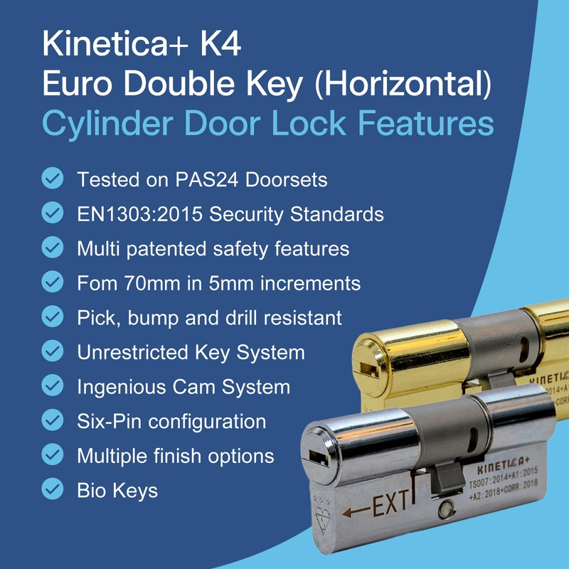 UAP Kinetica+ K4 3* Kitemarked Horizontal Euro Double Key Cylinder