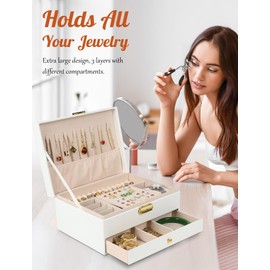 SYCARON Jewelry Box Organizer for Women Girls, Large PU Leather Jewelry Organizer Case with Lock Two Layers with Drawer for Rings Earrings Necklace Watches, White