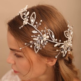 Jumwrit Wedding Headband Handmade Rhinestone Crystal Headband Bridal Pearl Headpiece Bridal Hair Accessories for Wedding Bride and Bridesmaid（Silver）