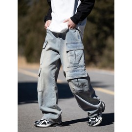 Baggy Cargo Jeans Men Teen Boys Casual Loose Jeans Flap Pockets Y2k Denim Pants 90s Hip Hop Streetwear Blue