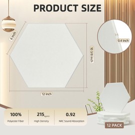 Keemute Acoustic Panels 12-Pack Soundproof Wall Panels - 12"X10.4"X0.4" High Density Sound Absorbing Panels, Noise Dampening Wall Panels for Home Studio, Office, Conference Room Moon White Hexagon