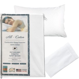National Allergy Premium 100% Cotton Zippered Pillow Protector - Queen Size - White - 300 Thread Count - Hypoallergenic Bed Pillowcase with Zipper - Breathable Encasement Cover