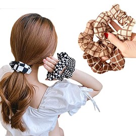 Chou Chou Chiffon Hair Band, Volume, Adult, Hair Ornament, Hair Closure, Elegant, Women's, Girls, Hair Accessories, Easy Hair Arrangement, Small Floral Print, 4-piece Set (Checkered Style, 6-Piece Set)
