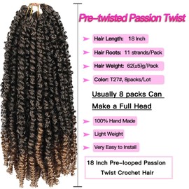 FFDDear 18 Inch Pre-twisted Passion Twist Crochet Hair 8 Packs Pre-Looped Passion Twist Braiding Synthetic Hair for Black Women Fiber Fluffy Curly Twist Braiding Hair Extensions(18 Inch T27)