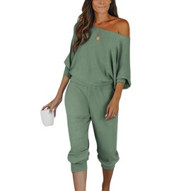 PRETTYGARDEN Women's 2 Piece Ribbed Tracksuit Outfits Off Shoulder Long Sleeve Pullover Long Pants with Pockets (Light Green,X-Large)