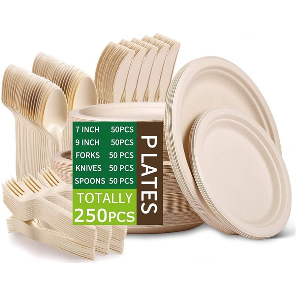 Heavy Duty Paper Plates Set for Dinner, Sugarcane Disposable Eco,9 Inch and 7 Inch Party Plates,Forks,Knives and Spoons Set for 50 People [250 PCS]