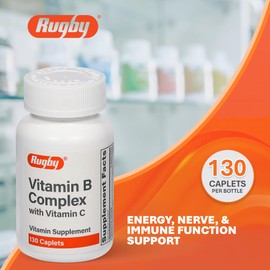 Rugby Vitamin B Complex with Vitamin C - Gluten-Free B Complex Vitamins for Energy, Metabolism, Nerve, and Immune Support, 130 Caplets